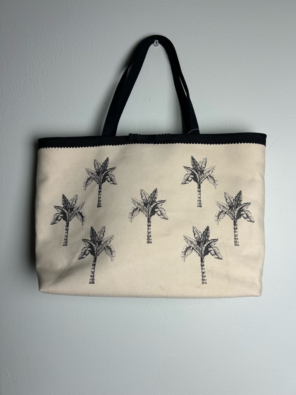 Cream Canvas Tote with Black Palm Tree Print and Black Trim